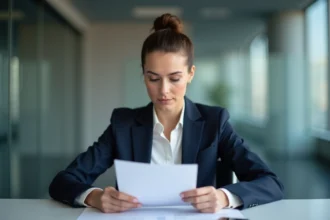 Femme en bureau avec fichier confidentiel et expression confiante