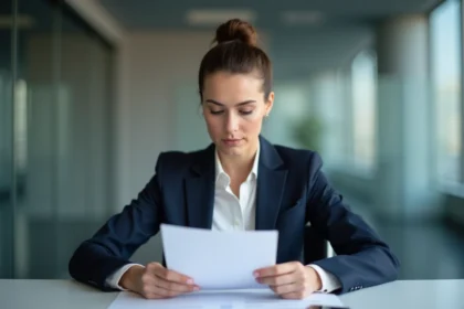 Femme en bureau avec fichier confidentiel et expression confiante