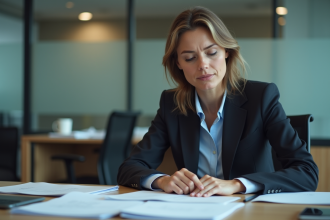 Femme en costume de bureau contemplant des documents