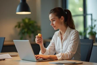 Femme au bureau prenant une pause avec une collation
