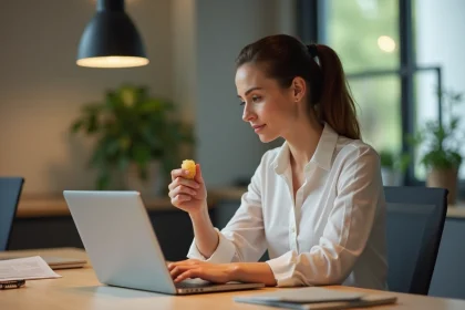 Femme au bureau prenant une pause avec une collation