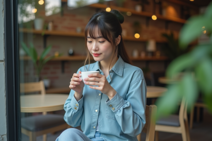 Jeune femme au café avec tasse de café en main