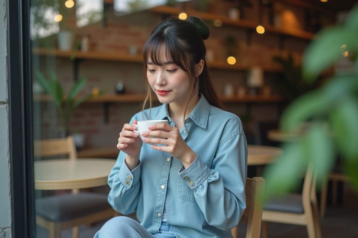 Jeune femme au café avec tasse de café en main