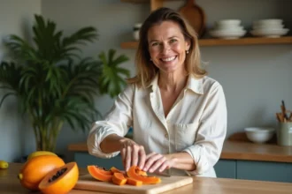 Femme souriante coupant une papaye dans la cuisine