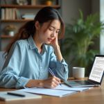 Jeune femme vérifiant une checklist de santé mentale à son bureau