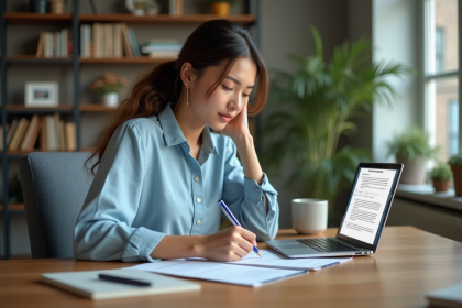 Jeune femme vérifiant une checklist de santé mentale à son bureau