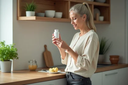 Femme lisant l'étiquette d'un complément minceur dans une cuisine moderne