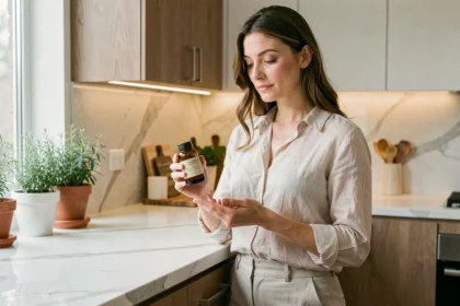 Femme tenant un flacon de complément minceur à base de plantes dans une cuisine moderne, illustrant la prise de suppléments naturels pour la minceur