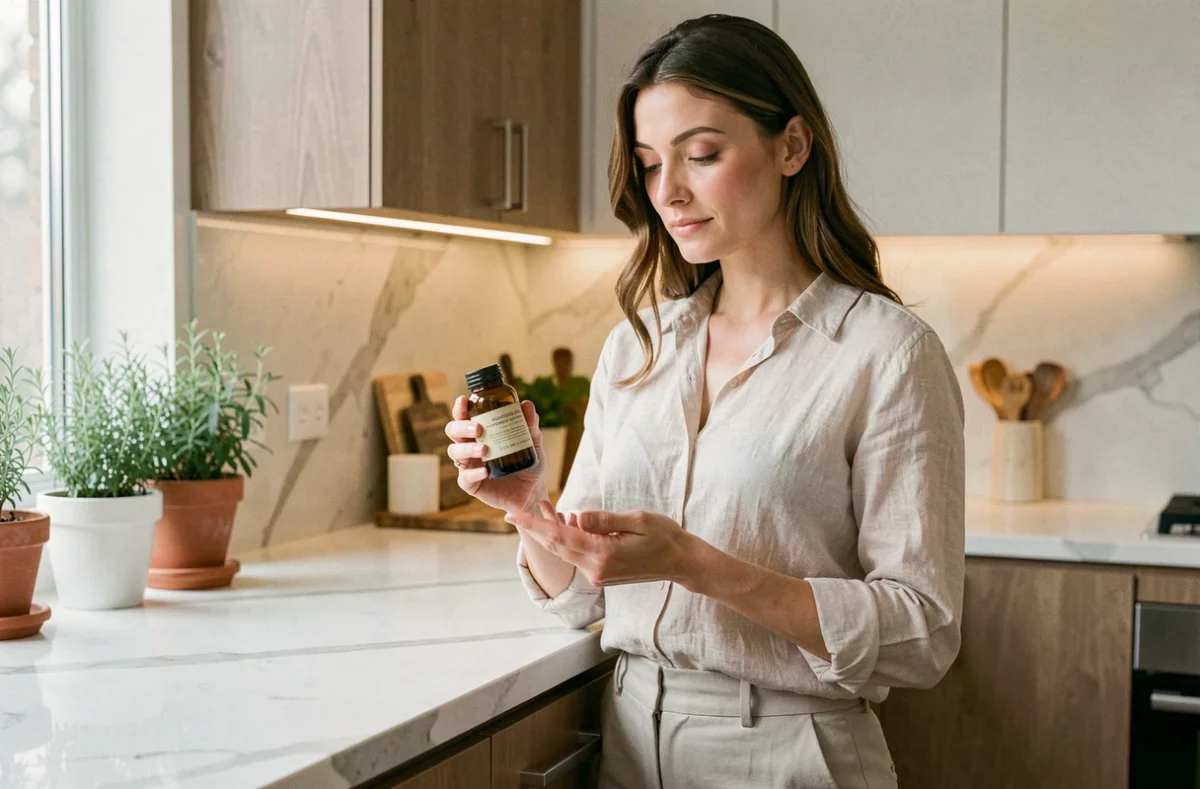 Femme tenant un flacon de complément minceur à base de plantes dans une cuisine moderne, illustrant la prise de suppléments naturels pour la minceur