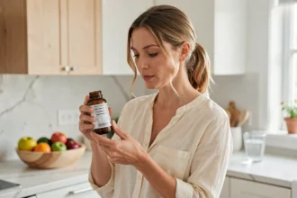 Femme lisant l'étiquette d'un complément postbiotique dans une cuisine moderne, illustrant la question de la durée de cure