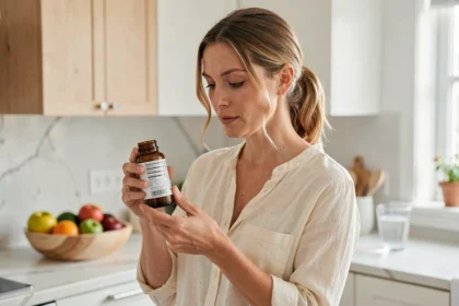 Femme lisant l'étiquette d'un complément postbiotique dans une cuisine moderne, illustrant la question de la durée de cure