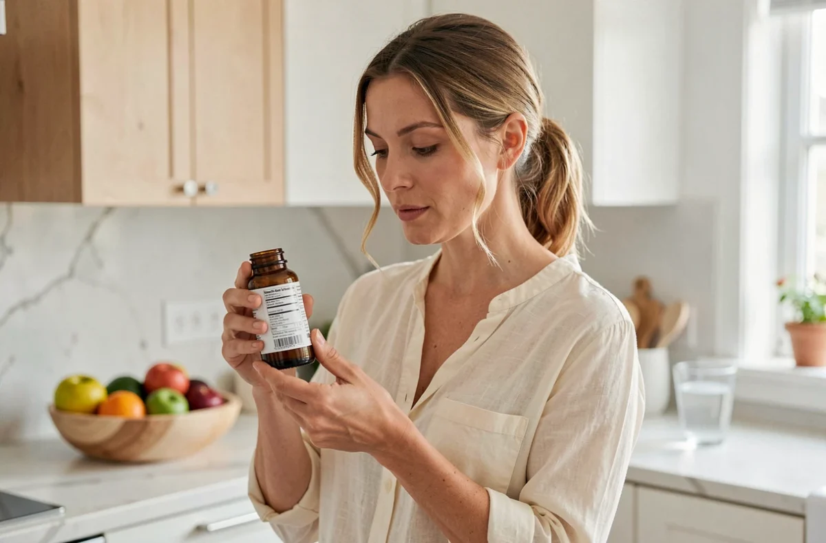 Femme lisant l'étiquette d'un complément postbiotique dans une cuisine moderne, illustrant la question de la durée de cure