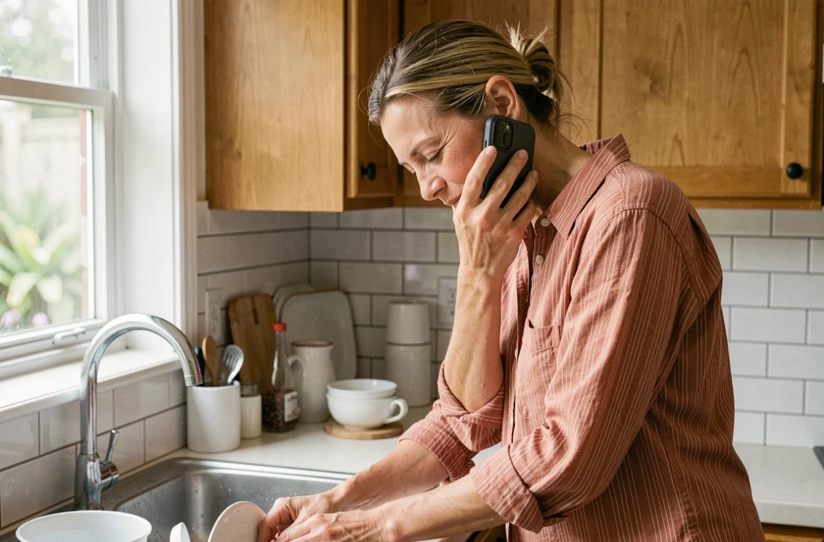 Femme en cuisine téléphonant avec l'épaule et le cou crispé en faisant la vaisselle, posture quotidienne aggravant les cervicalgies