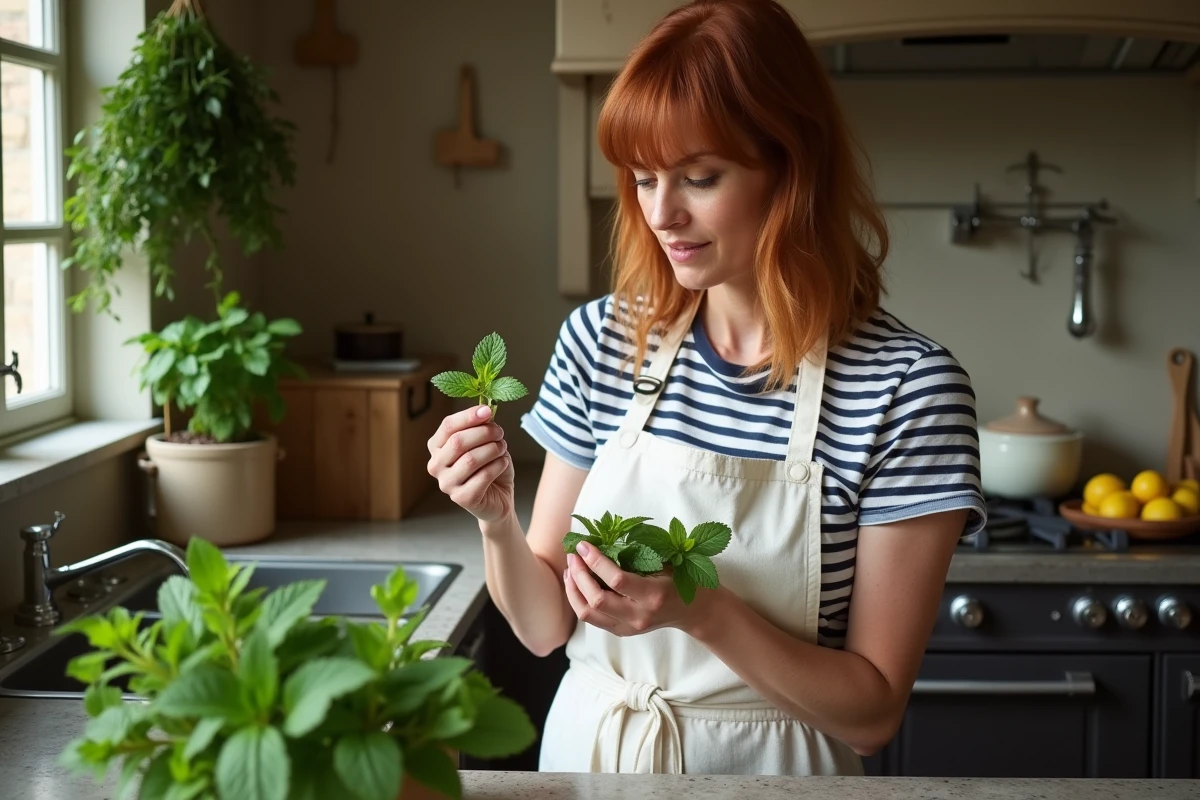 Femme cueillant des feuilles de menthe fraîche dans une cuisine rustique, illustrant l'utilisation thérapeutique et culinaire de la menthe