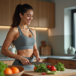 Femme en cuisine coupant des légumes frais