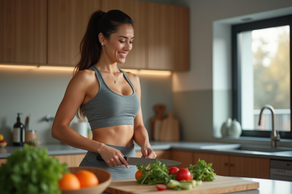 Femme en cuisine coupant des légumes frais