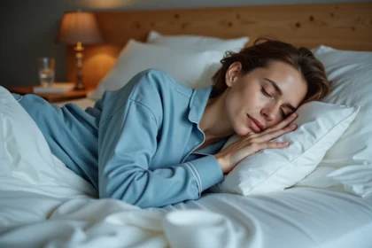 Femme en pyjama bleu reposant dans son lit