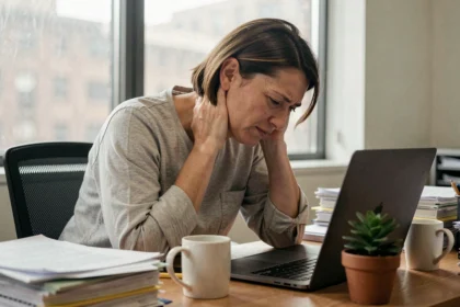 Femme au bureau souffrant de douleurs cervicales remontant dans la tête à cause d'une mauvaise posture devant l'écran