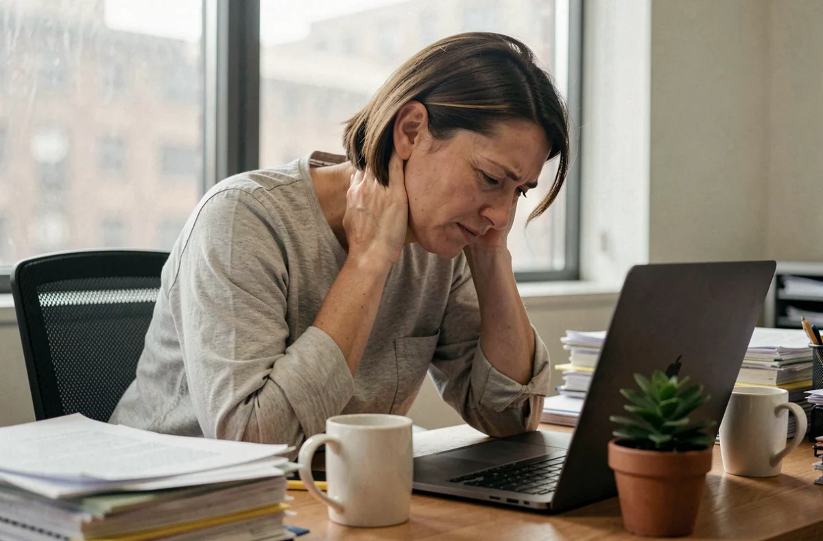 Femme au bureau souffrant de douleurs cervicales remontant dans la tête à cause d'une mauvaise posture devant l'écran