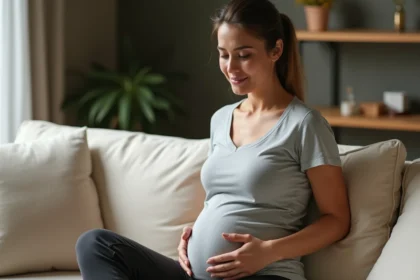 Femme assise sur un canapé tenant son côté gauche bas du ventre avec une expression de gêne légère