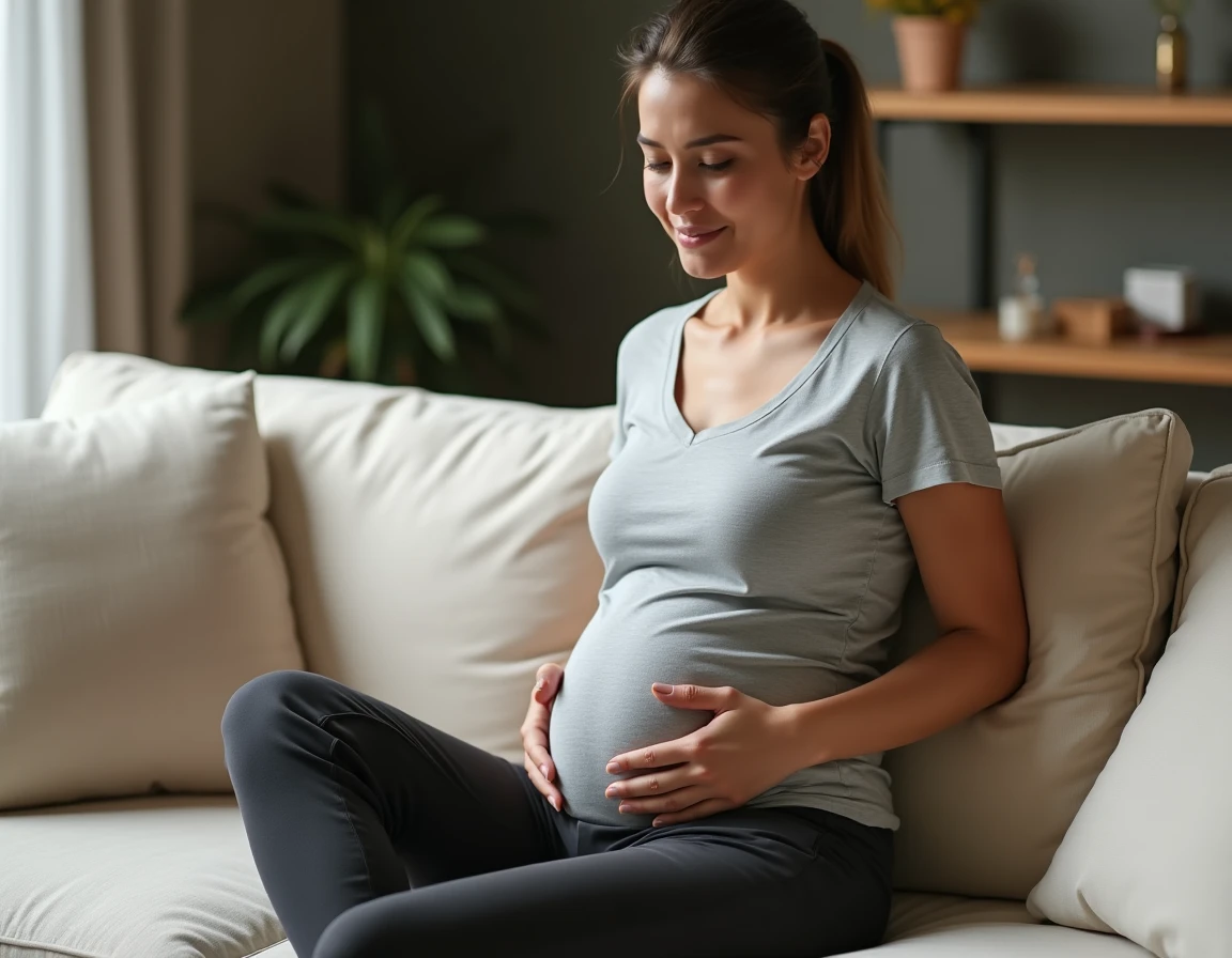 Femme assise sur un canapé tenant son côté gauche bas du ventre avec une expression de gêne légère