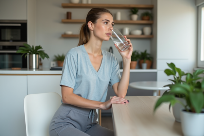Femme en détente buvant de l'eau dans une cuisine moderne