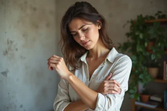 Femme touchant une zone de peau irritée sur le bras