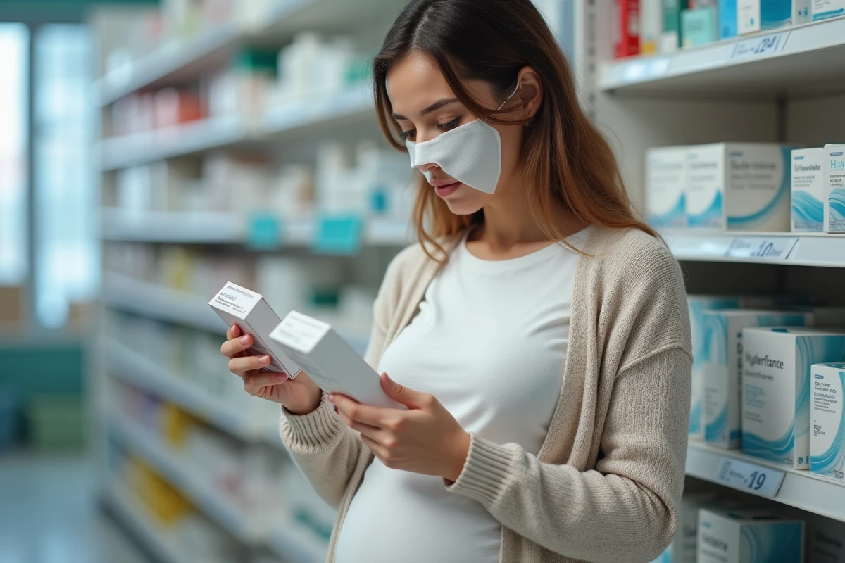 Jeune femme enceinte compare deux masques de migraine en pharmacie
