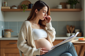 Femme enceinte lit un guide nutrition dans sa cuisine chaleureuse