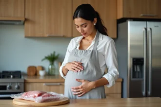 Femme enceinte vérifiant un magret de canard congelé dans sa cuisine