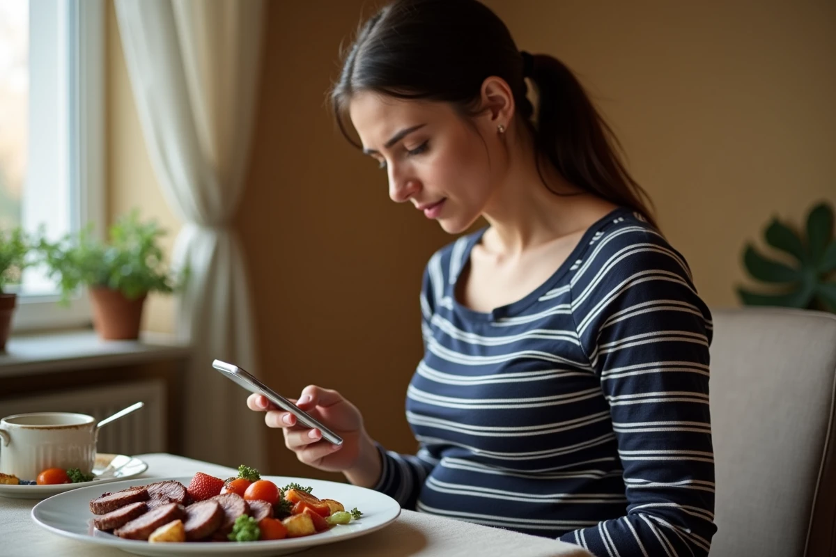 Femme enceinte consultant son téléphone devant un plat de magret de canard cuit