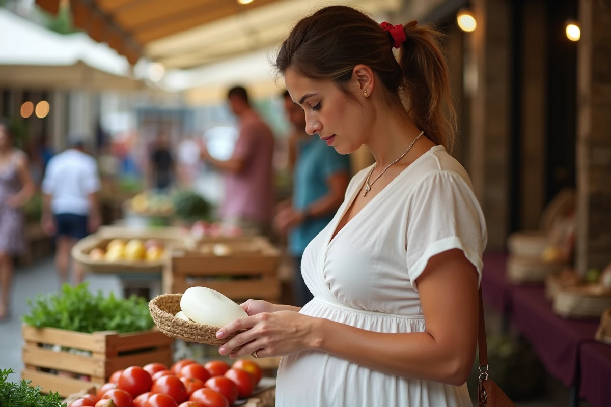 Femme enceinte lisant l'étiquette d'une mozzarella di bufala dans un marché de producteurs