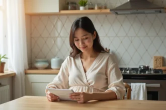 Femme enceinte lit un masque de migraine dans une cuisine lumineuse