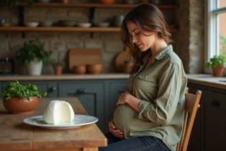 Femme enceinte examinant une boule de mozzarella di bufala fraîche dans une cuisine rustique
