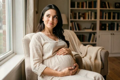 Femme enceinte assise près d'une fenêtre, regard rêveur et main posée sur le ventre, illustrant le rêve éveillé pendant la grossesse