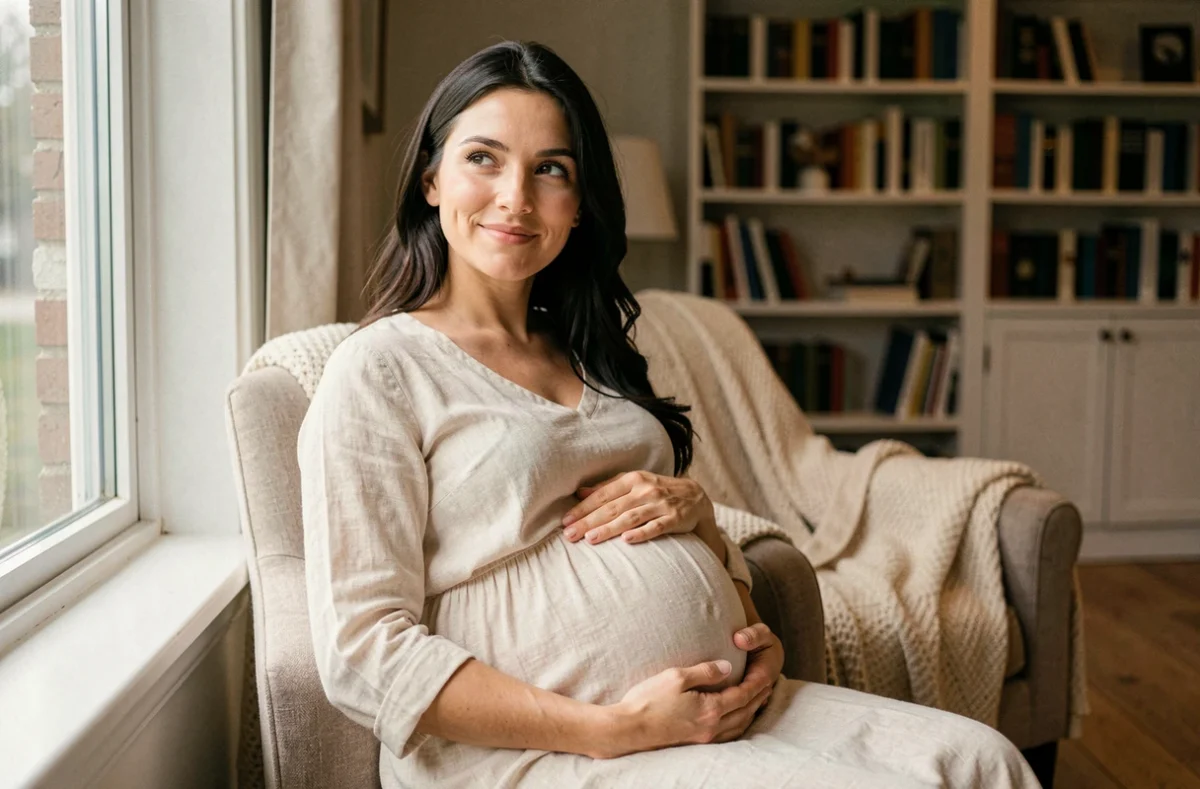 Femme enceinte assise près d'une fenêtre, regard rêveur et main posée sur le ventre, illustrant le rêve éveillé pendant la grossesse