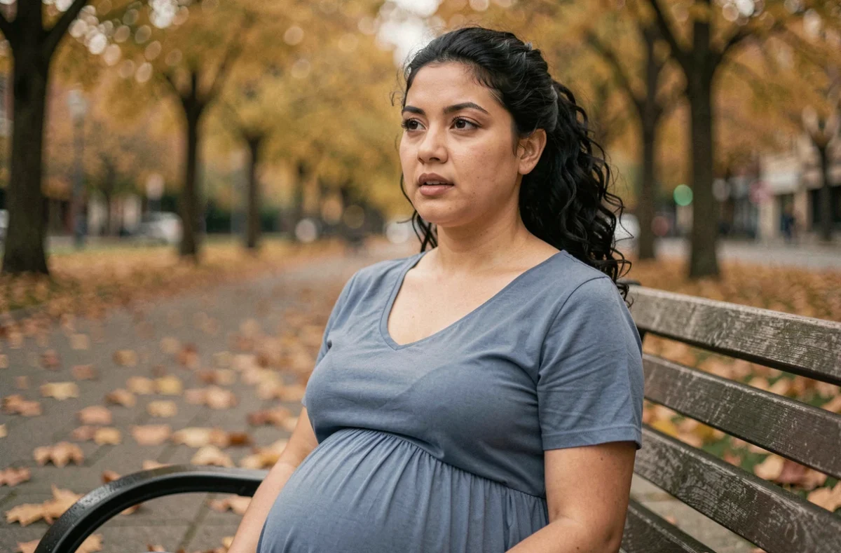 Femme enceinte assise sur un banc dans un parc en automne, regard perdu dans ses pensées, illustrant la rêverie diurne pendant la grossesse