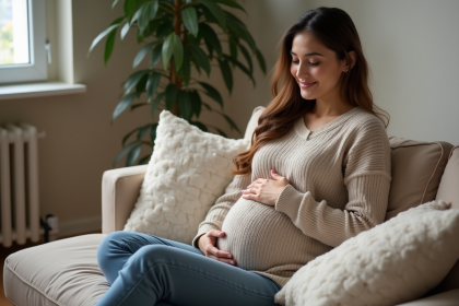 Femme enceinte souriante dans un salon chaleureux