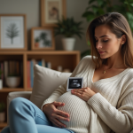 Femme enceinte tenant une échographie dans un intérieur chaleureux
