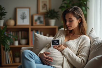 Femme enceinte tenant une échographie dans un intérieur chaleureux