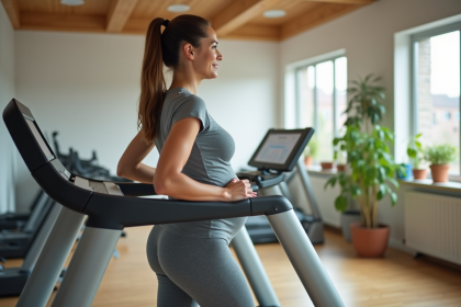 Femme enceinte marche sur un tapis de course dans une salle lumineuse