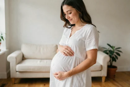 Femme enceinte en robe blanche tenant son ventre rond dans un salon scandinave chaleureux
