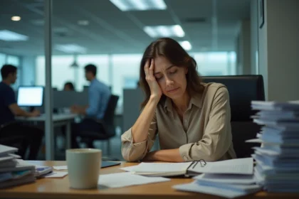Femme épuisée au bureau après une interaction avec un pompeur d'énergie, tenant sa tête dans la main entourée de paperasse