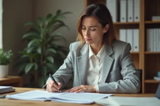 Femme remplissant un formulaire administratif pour un dossier CPAM à son bureau à domicile