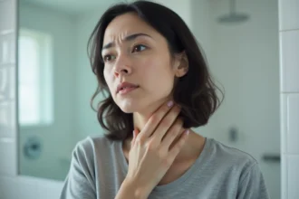 Femme touchant un ganglion douloureux côté gauche du cou dans une salle de bain moderne