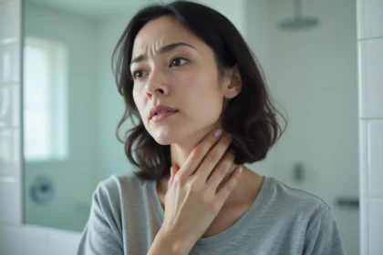 Femme touchant un ganglion douloureux côté gauche du cou dans une salle de bain moderne
