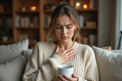 Femme tenant sa gorge douloureuse en buvant une tisane chaude pour calmer une quinte de toux