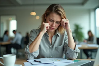 Femme au bureau se grattant inconsciemment la main gauche par stress