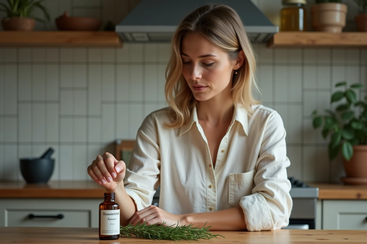 Femme examinant une bouteille de romarin en cuisine
