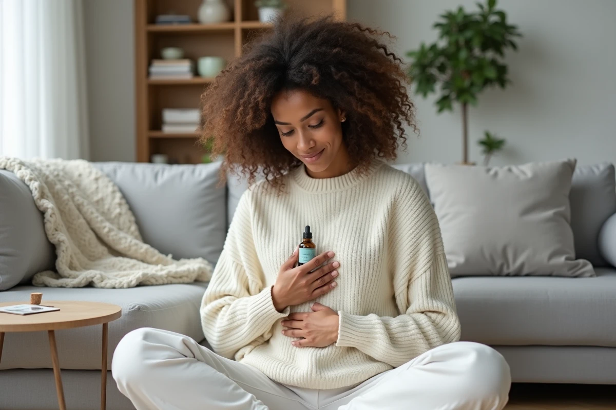 Jeune femme tenant un flacon d'huile essentielle de menthe poivrée, réfléchissant aux bienfaits et contre-indications de la menthe pour la santé féminine